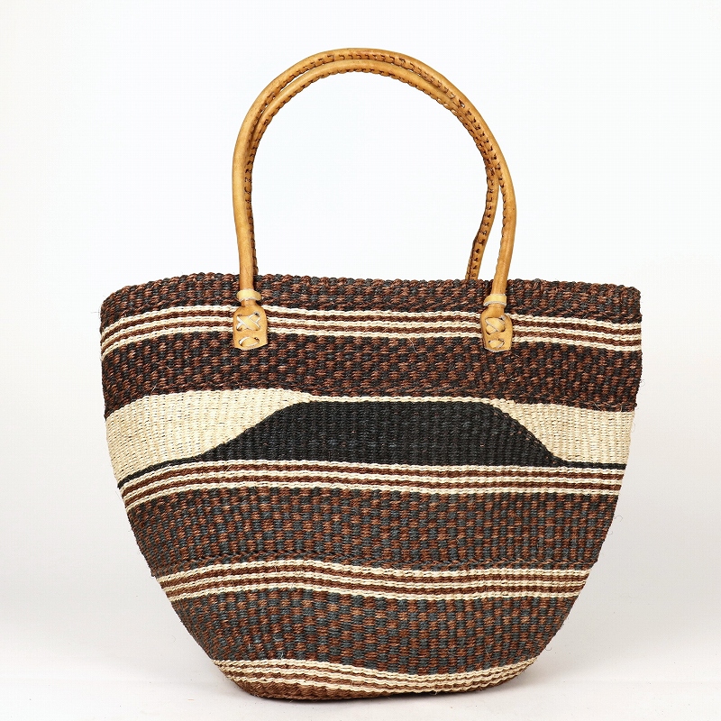 伝統柄細編みサイザルバッグ 楕円底 革ハンドル茶 茶柄アソート