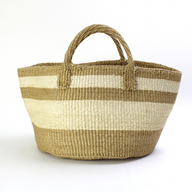 サイザルバッグ12x8 大小ボーダー カーキx生成