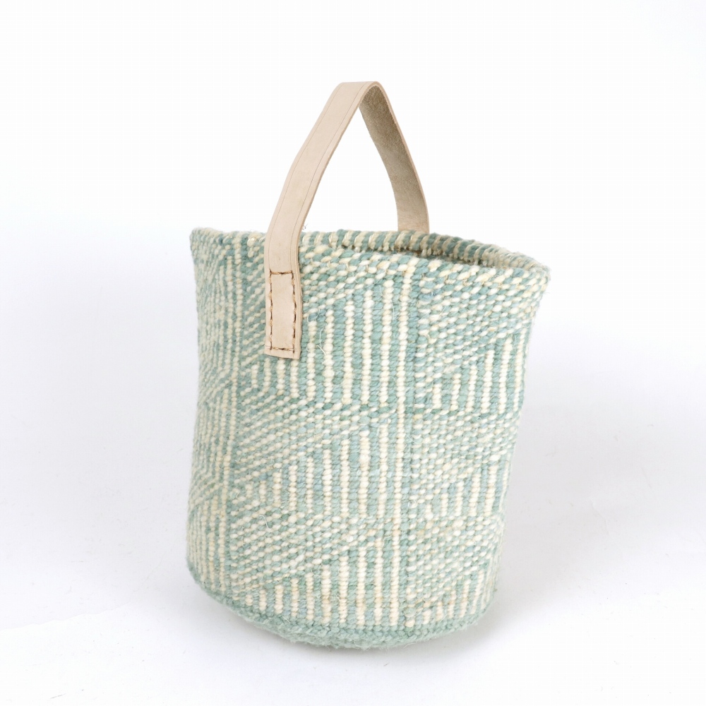 羊毛サイザルバッグ8x9 革ワンハンドル生成 フラッグ ミント