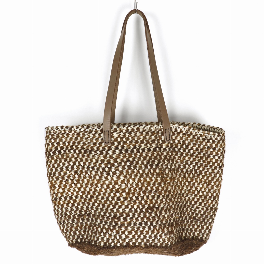 羊毛サイザルバッグ12x6x10 楕円底 平革ハンドルオーク チェッカー 焦げ茶x生成 24SS一点物 @12500→10000