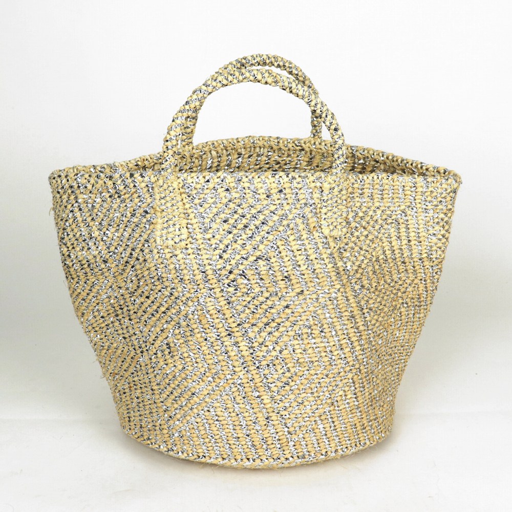 ラフィアプラサイザルバッグ12インチ ハンドル短 フラッグ プラチナ