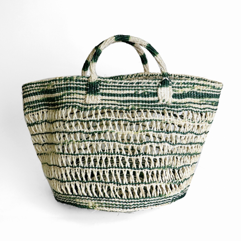 サイザルバッグ12インチ ハンドル短 タイダイ透かし編み 生成xグリーン