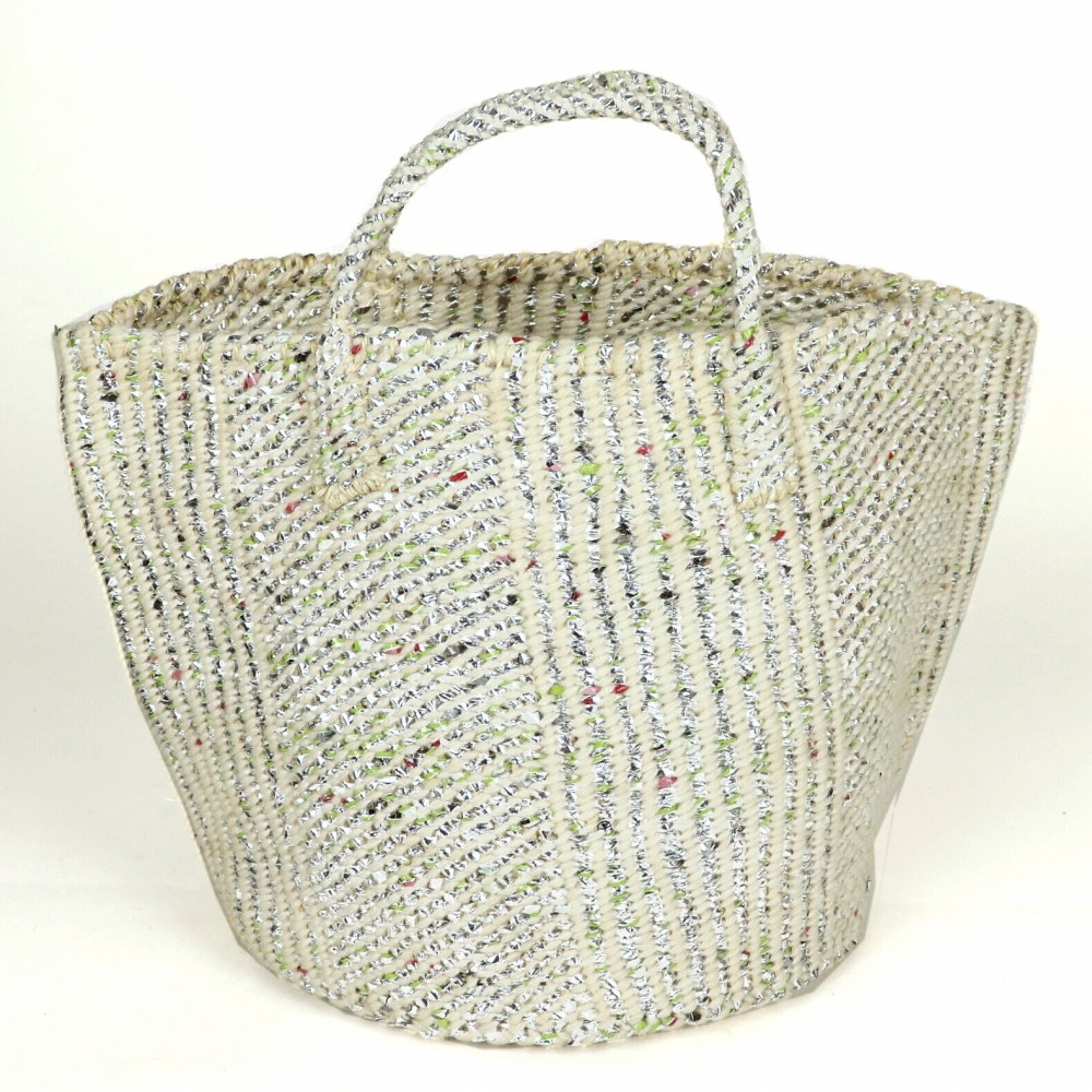 プラアクリルサイザルバッグ12インチ ハンドル短 パートストライプ シルバーx白