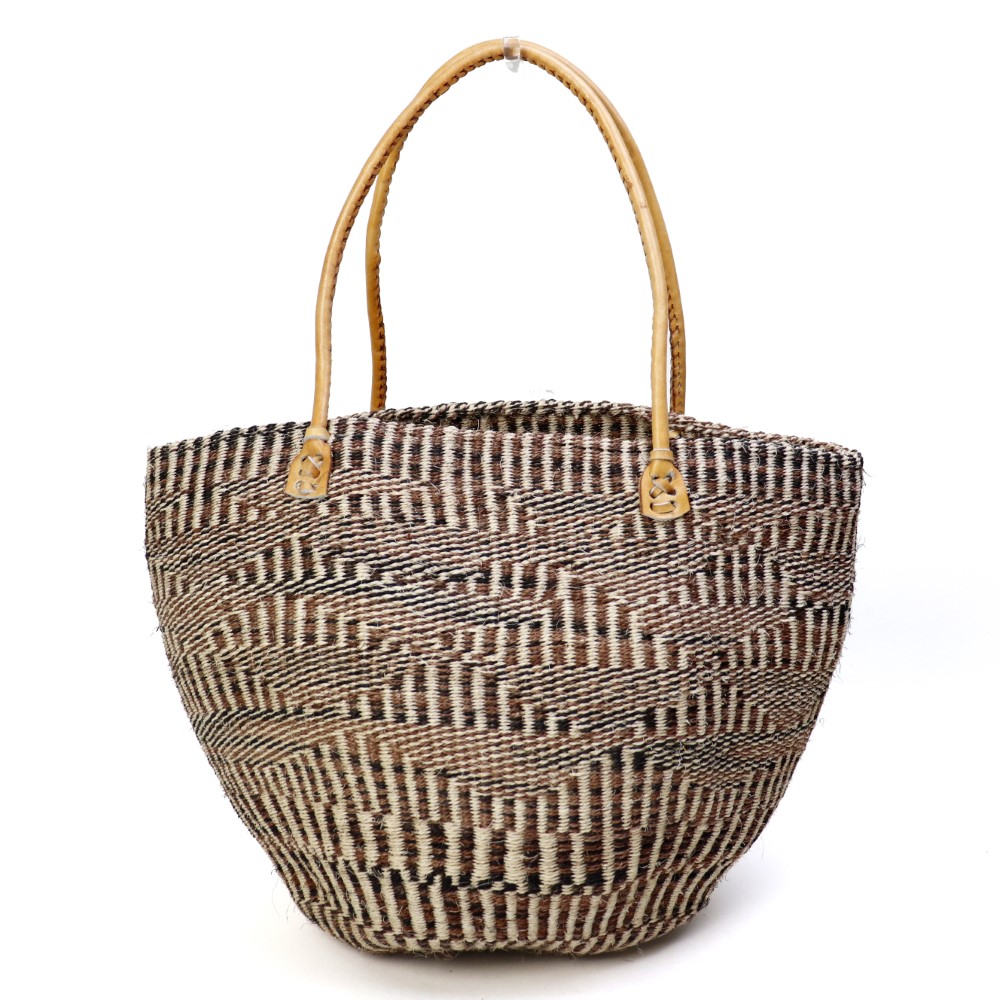 サイザルバッグ伝統ゼブラ柄 楕円底 丸革ハンドル薄茶