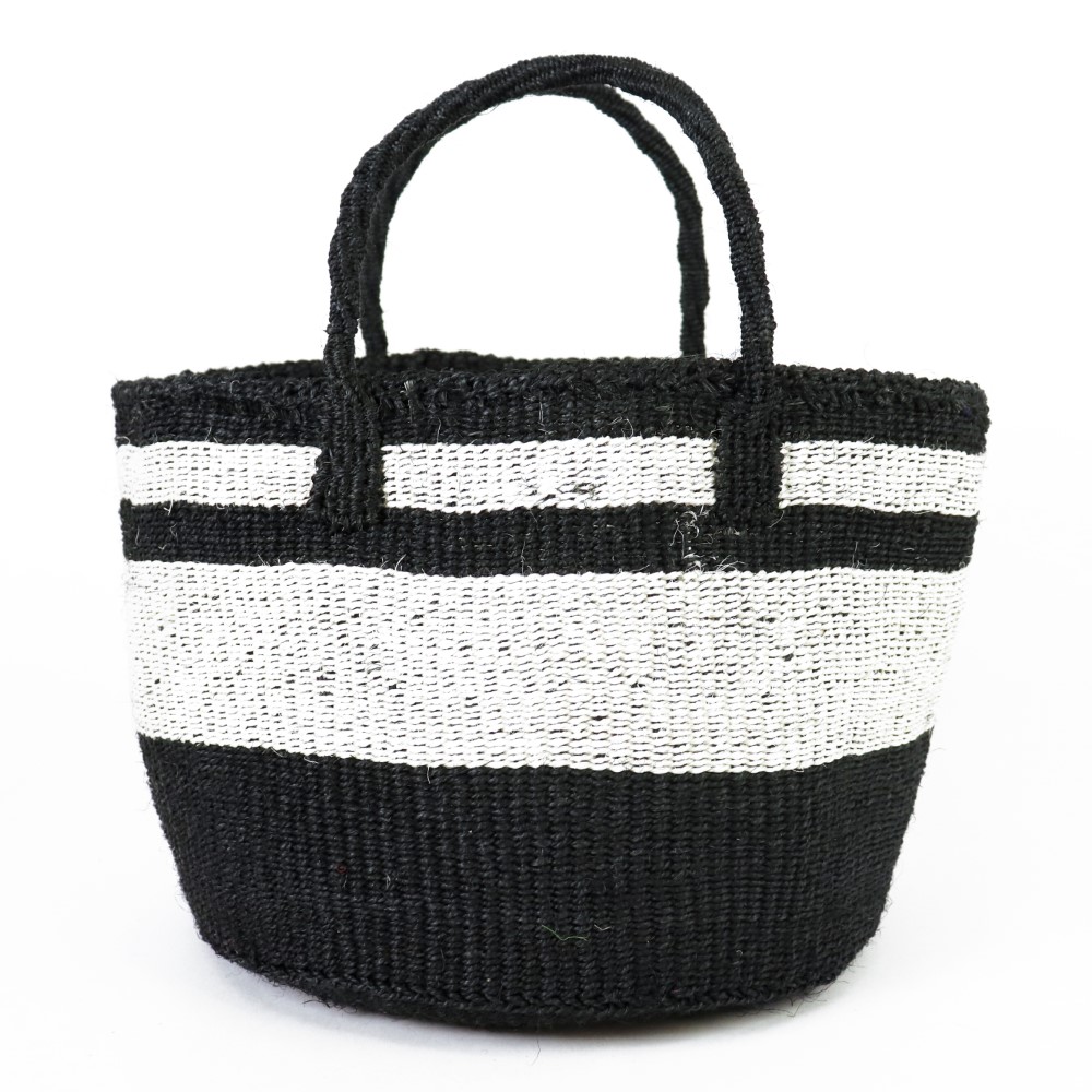 サイザルバッグ共手12インチ 大小ボーダー 黒x生成
