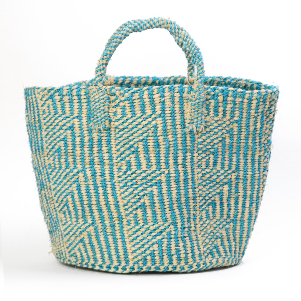 ラフィアサイザルバッグ共手12x10 ハンドル短 フラッグ ターコイズ