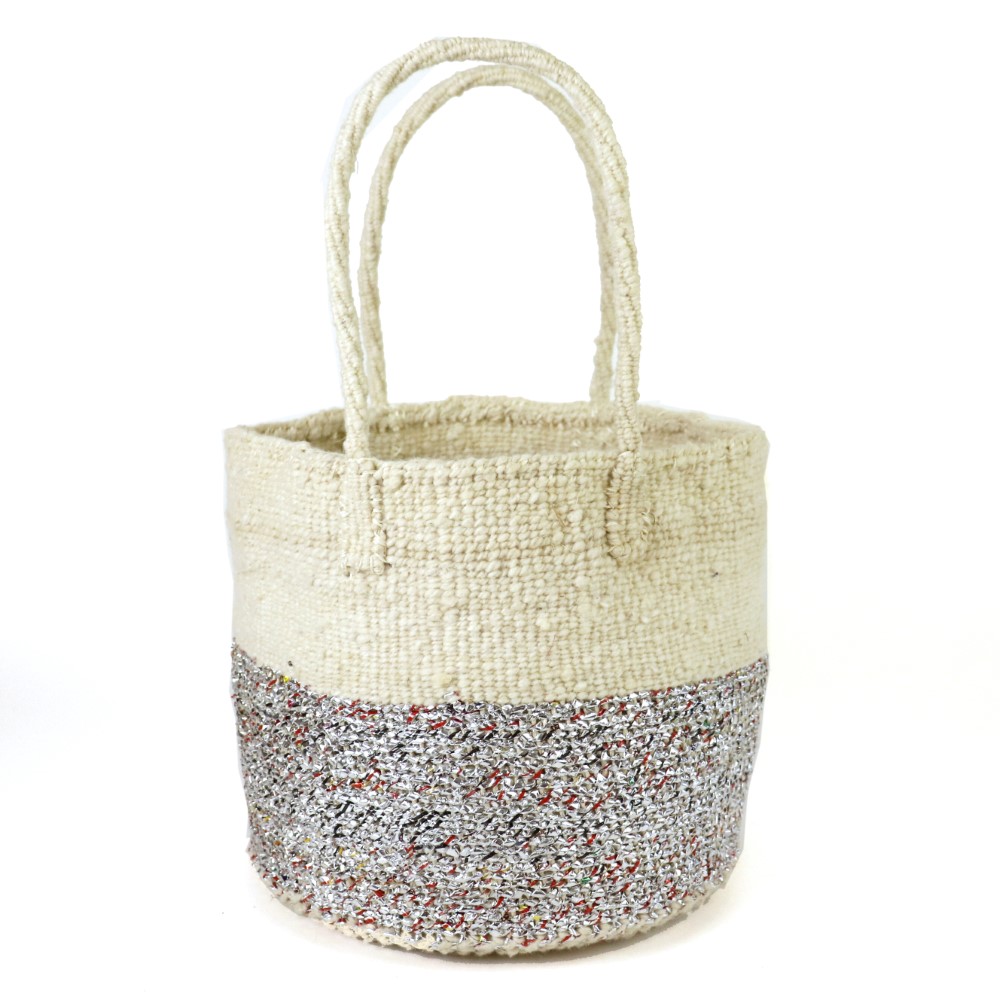 羊毛プラサイザルバッグ12インチ ツートーン シルバーx生成