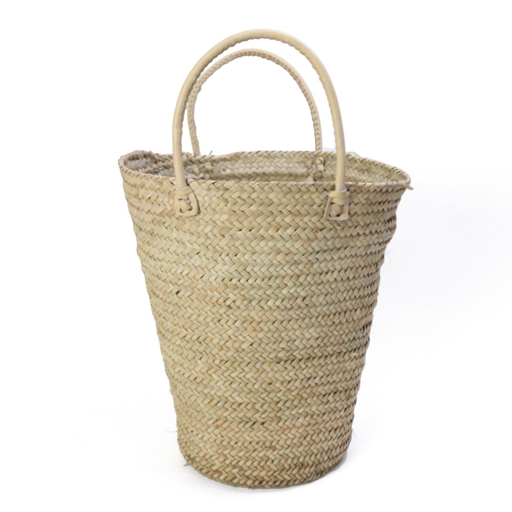 ラム島の椰子バスケット 丸革短ハンドル生成