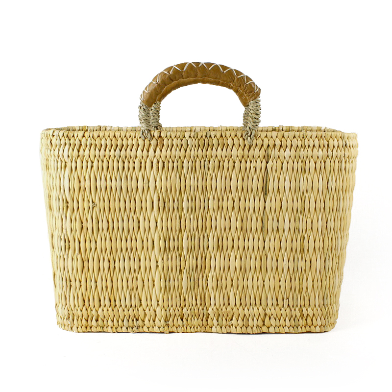 ストロー四角かご革クロスステッチハンドル M カフェオレ