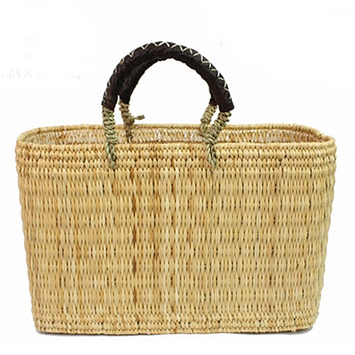 ストロー四角かご革クロスステッチハンドル M 焦げ茶