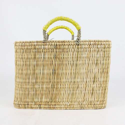 ストロー四角かご革クロスステッチハンドル M 黄