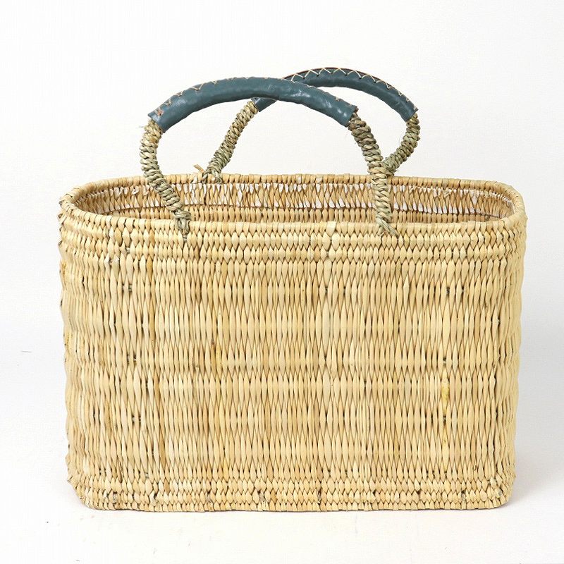 ストロー四角かご革クロスステッチハンドル M 青緑