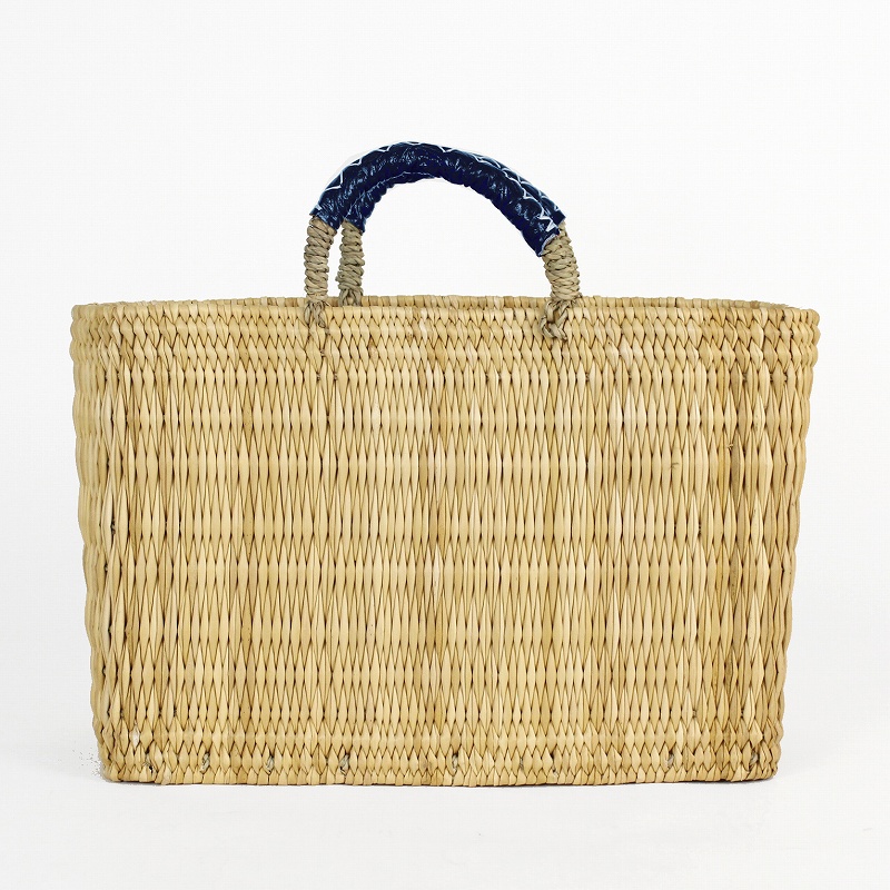 ストロー四角かご革クロスステッチハンドル M 濃紺
