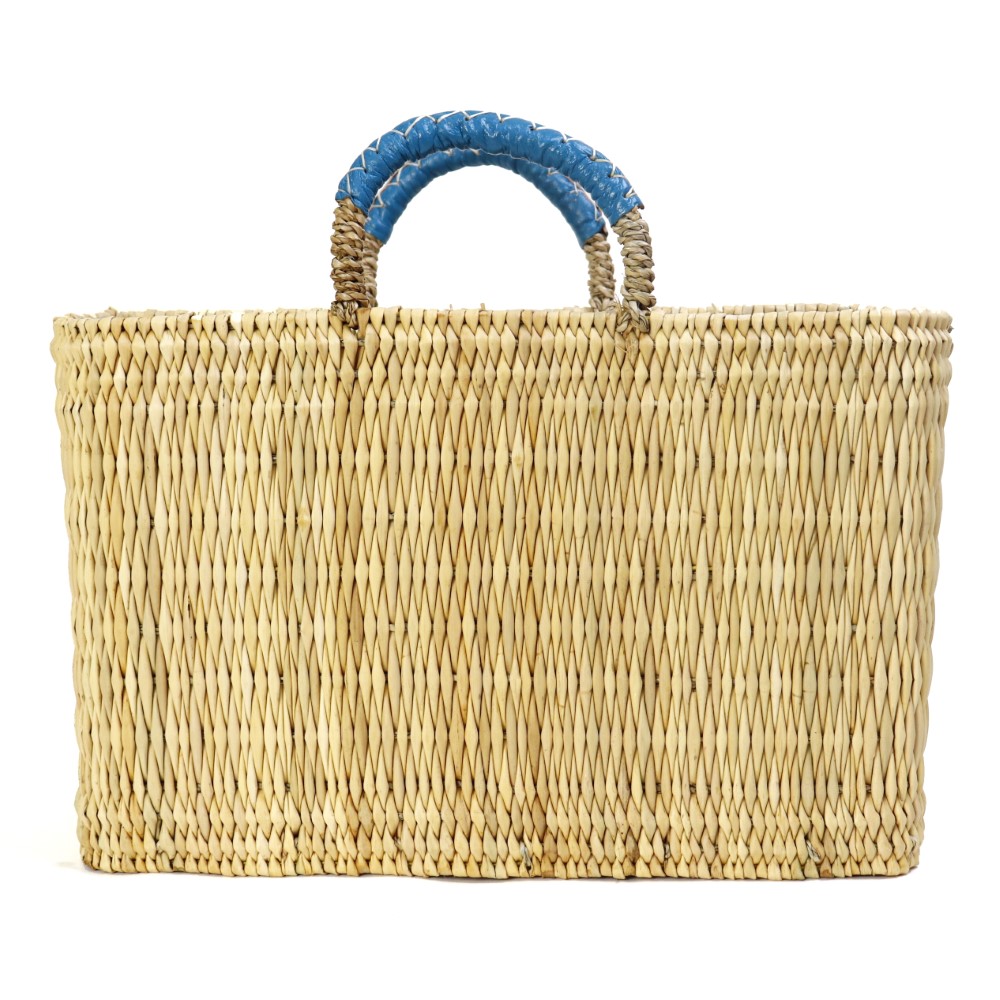 ストロー四角かご革クロスステッチハンドル M あおぞら