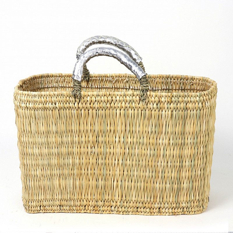 ストロー四角かご革クロスステッチハンドル M シルバー