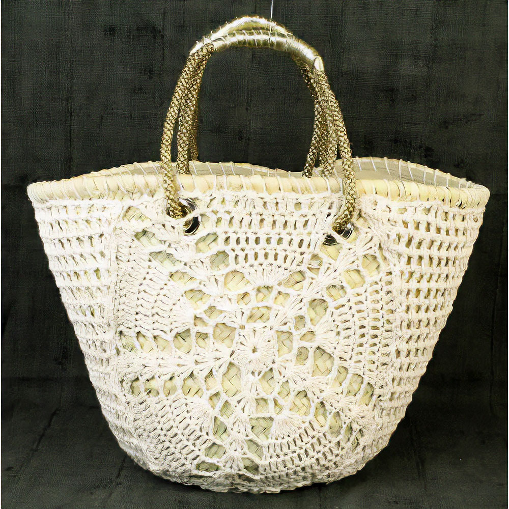 コットンかぎ編み装飾タザカゴ 組み紐ハンドル 白xゴールド