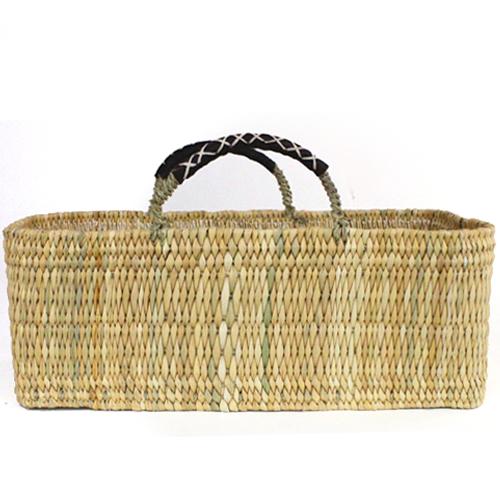 ストロー横長かご 革クロスステッチハンドル L 焦げ茶