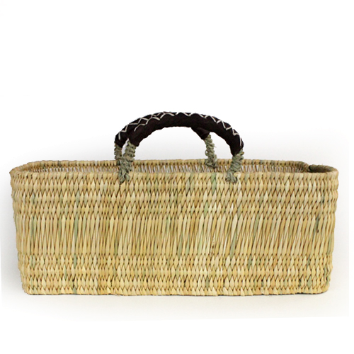 ストロー横長かご 革クロスステッチハンドル M 焦げ茶