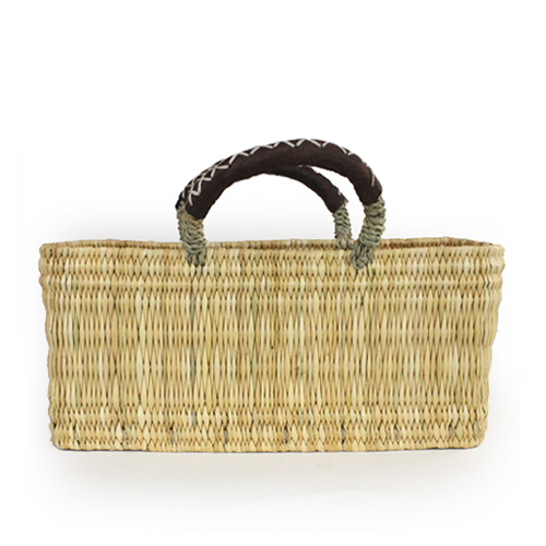 ストロー横長かご 革クロスステッチハンドル S 焦げ茶