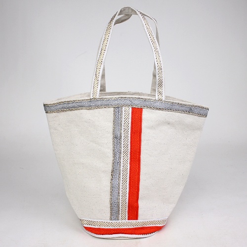 【SALE】布トートバッグ リボンテープ装飾 縦3本 オレンジ