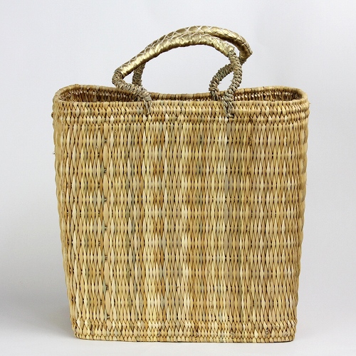 ストローかご ゴールド革クロスステッチハンドル 長方形