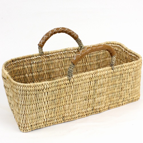 ストロー横長カゴ 大 革ハンドル キャメル