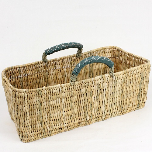 ストロー横長カゴ 大 革ハンドル マラカイト