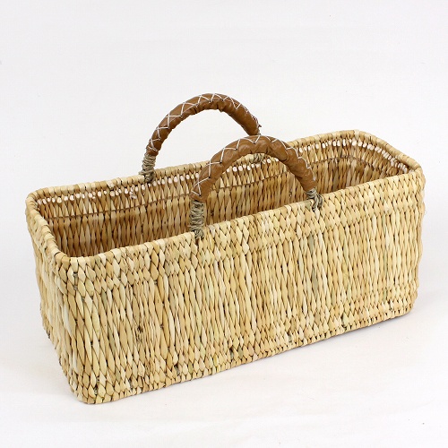 ストロー横長カゴ 中 革ハンドル キャメル