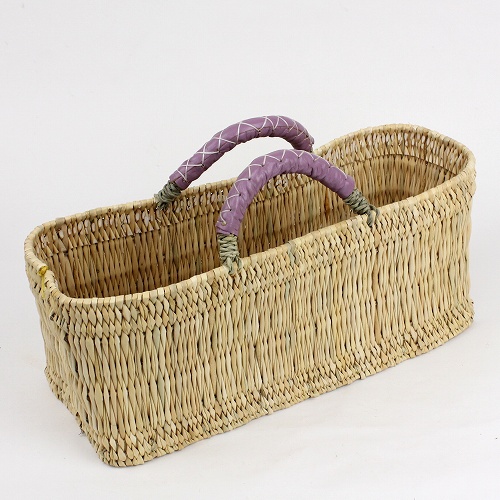 ストロー横長カゴ 中 革ハンドル ラベンダー