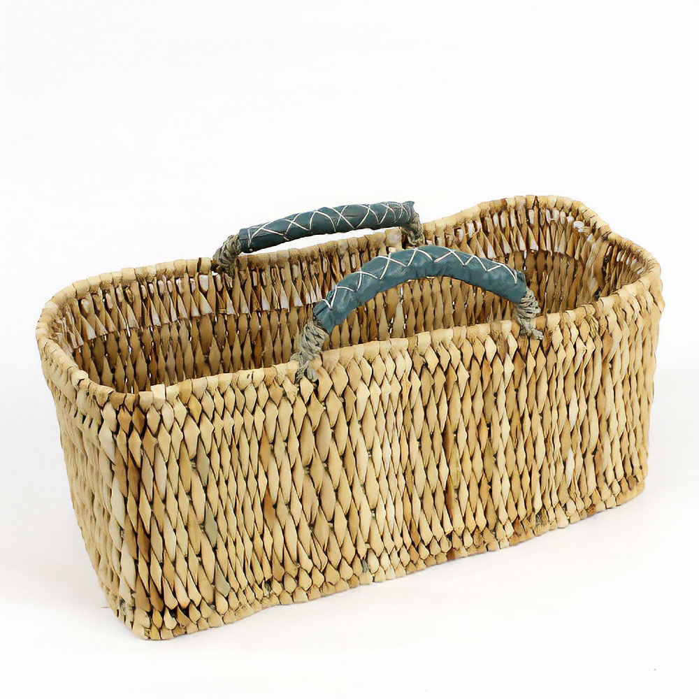 ストロー横長カゴ 中 革ハンドル マラカイト