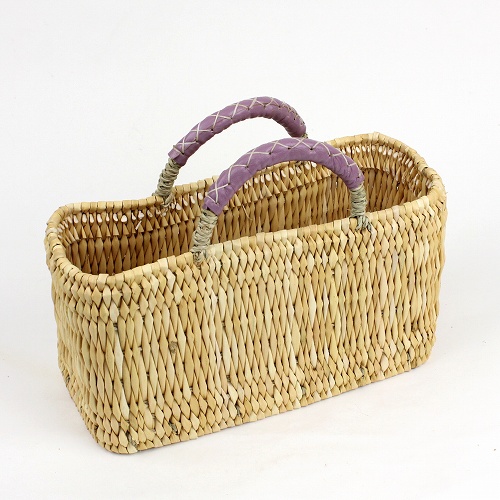 ストロー横長カゴ 小 革ハンドル ラベンダー