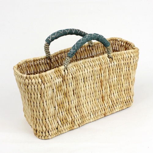 ストロー横長カゴ 小 革ハンドル マラカイト