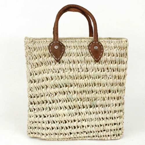 パーム縦長カゴ 大 革カシメハンドル 薄茶