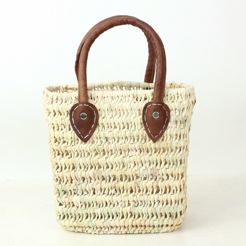 パーム縦長カゴ 小 革カシメハンドル 薄茶