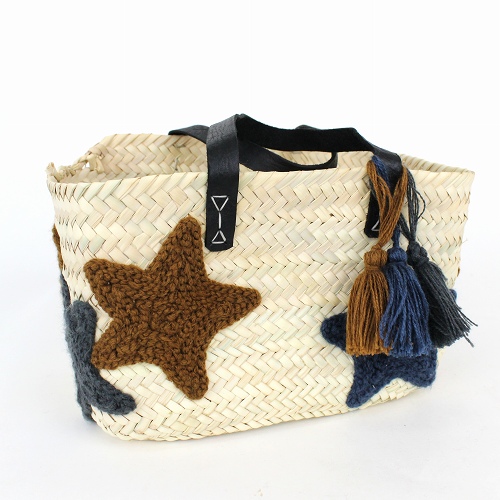 星モチーフかご 四角ミニ 黒平革ハンドル ダークグレーxキャメル