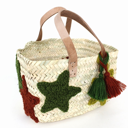 星モチーフかご 四角ミニ ナチュラル平革ハンドル モスxレンガ