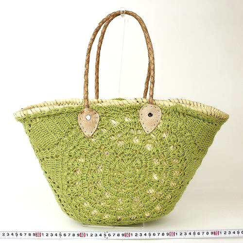 かぎ編み装飾かご 編み革ショルダー 黄緑 18SS一点もの @9800→7840円