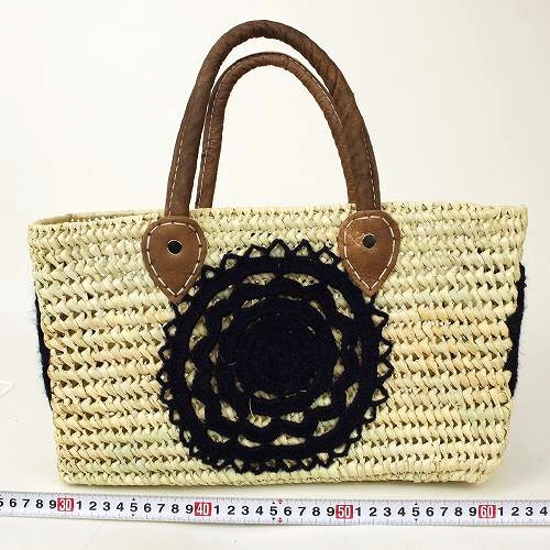 パーム四角かご かぎ編み花モチーフ 濃紺 18SS一点もの @8400→6720円