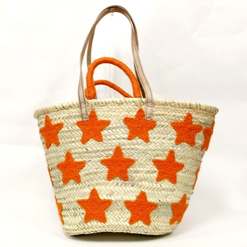 刺繍星カゴ 大 ハンドル&革ショルダー オレンジ 18SS一点もの @11000→8800円