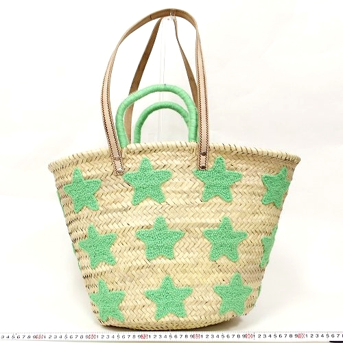 刺繍星カゴ 大 ハンドル&革ショルダー 黄緑 18SS一点もの @11000→8800円