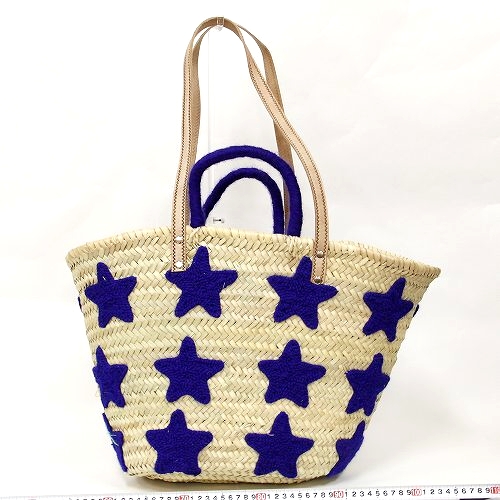 刺繍星カゴ 大 ハンドル&革ショルダー 濃紺 18SS一点もの @11000→8800円