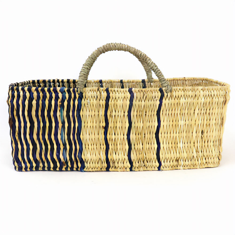 ストロー横長カゴ L ドームハンドル 柄1 黒