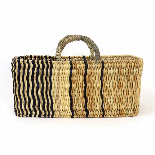 ストロー横長カゴ M ドームハンドル 柄1 黒