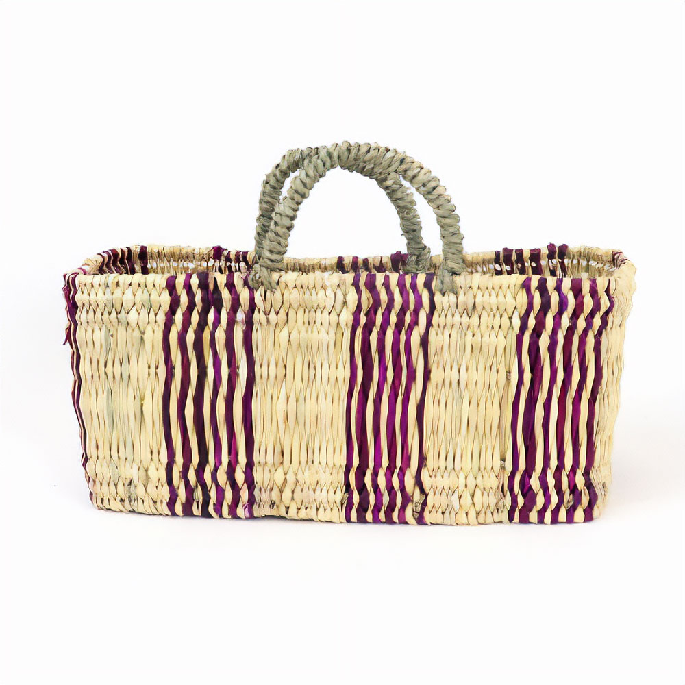 ストロー横長カゴ M ドームハンドル 柄2 フシア