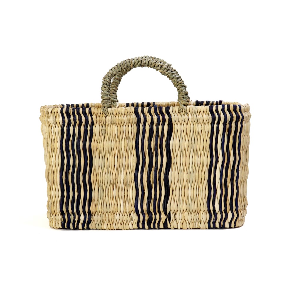 ストロー横長カゴ S ドームハンドル 柄2 黒