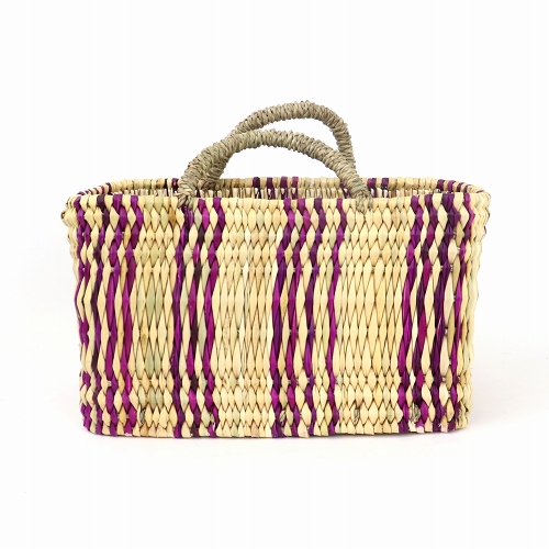 ストロー横長カゴ S ドームハンドル 柄2 フシア