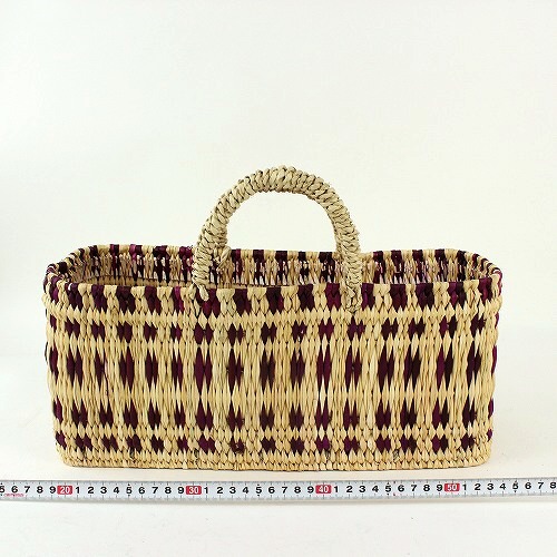 ストロー横長カゴ M ドームハンドル 柄3 フシア