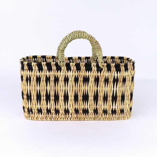 ストロー横長カゴ S ドームハンドル 柄3 黒