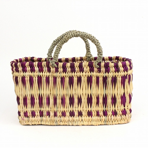 ストロー横長カゴ S ドームハンドル 柄3 フシア