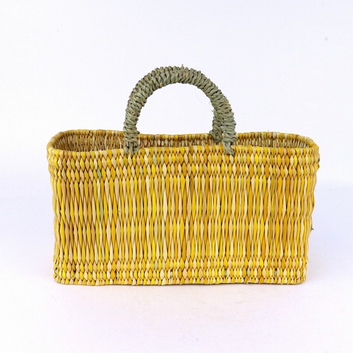 ストロー横長カゴ S ドームハンドル 柄4 黄
